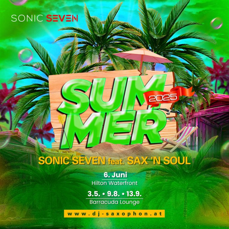 Flyer Summer 2025 @ Hilton Waterfront Atomsphere Rooftop Bar das FRITZ Uferhaus Velowelle Barracuda Lounge Klosterneuburg