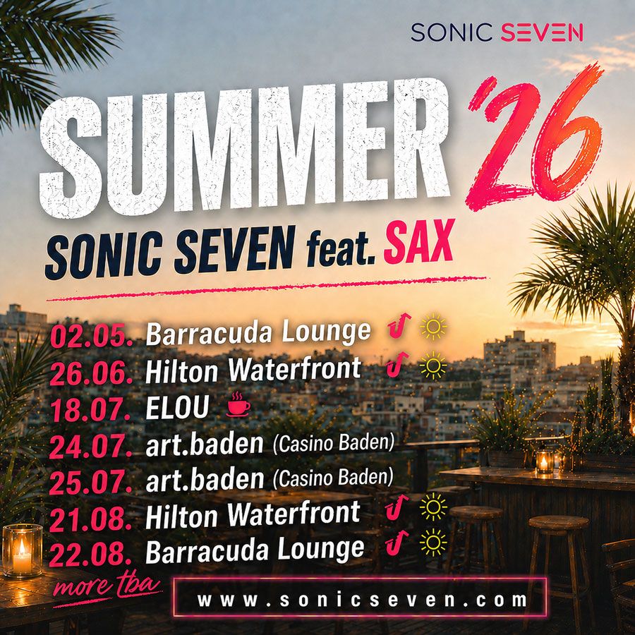 Flyer Summer 2025 @ Hilton Waterfront Atomsphere Rooftop Bar das FRITZ Uferhaus Velowelle Barracuda Lounge Klosterneuburg
